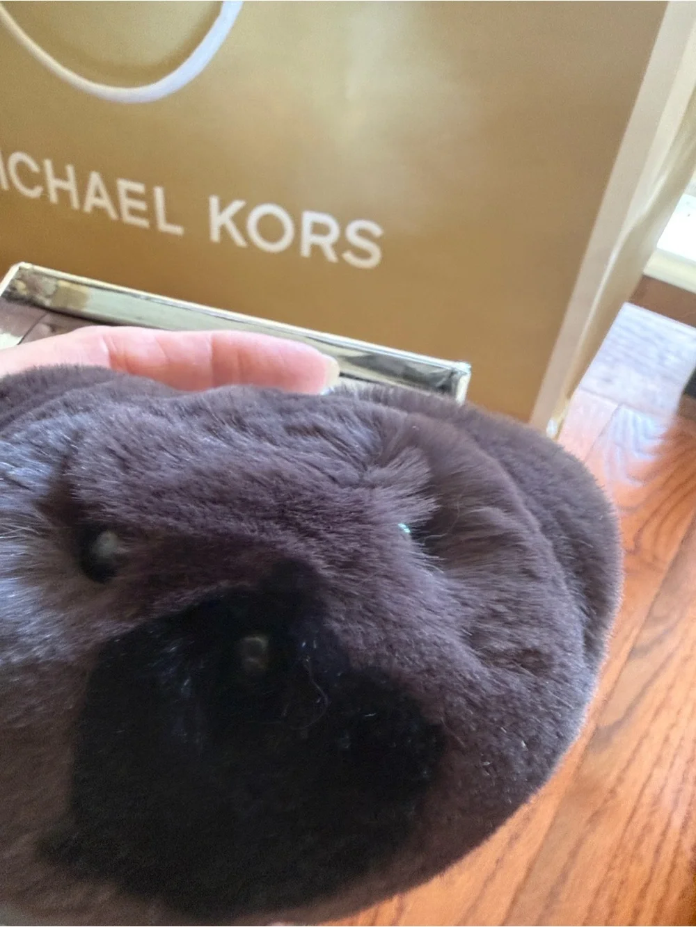 Michael Kors Brown Plush Rabbit Fur bag charm Black Nose nib